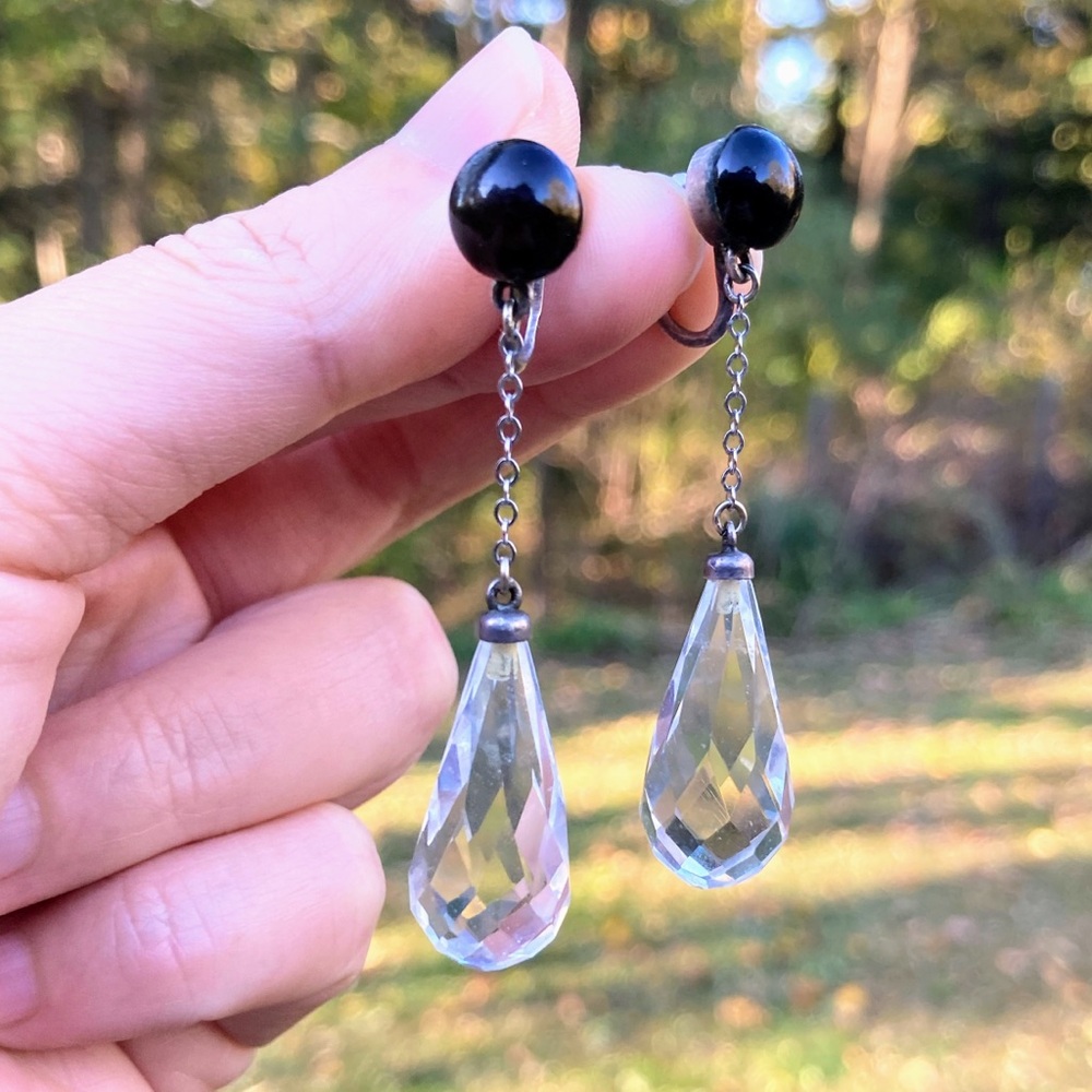 Antique Art Deco Sterling Silver Onyx Rock Crystal Faceted Drop Earrings 830